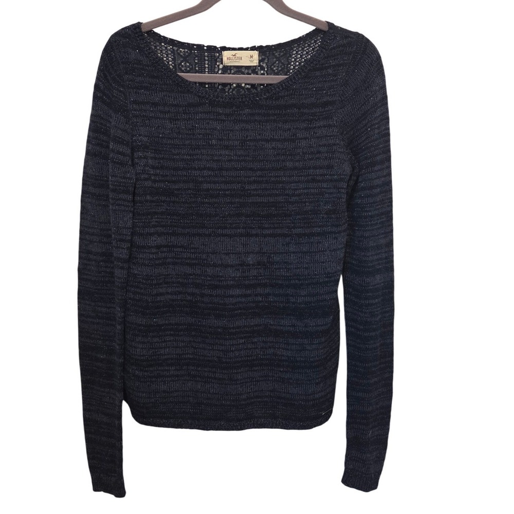 Hollister Blue Sparkle Knit Sweater Women's Medium Long Sleeve Lace Back